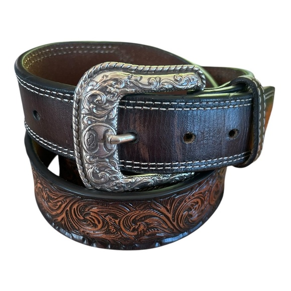Hooey 42 Brown Genuine Leather Tooled Western Style Belt Unisex - Picture 1 of 7